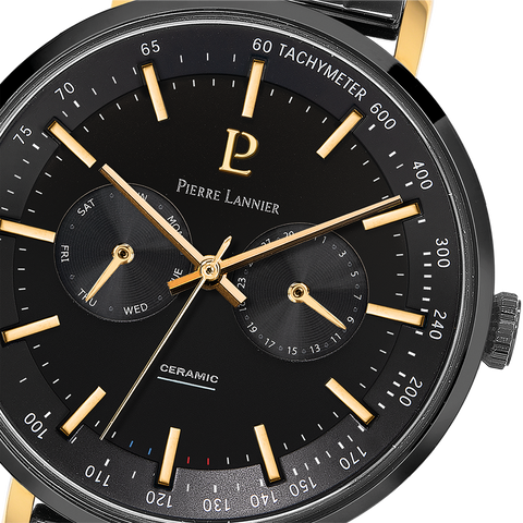 Montre Homme Pierre Lannier Ceramic 245G039 – Cadran Noir – Bracelet Céramique Noire – Index Dorés