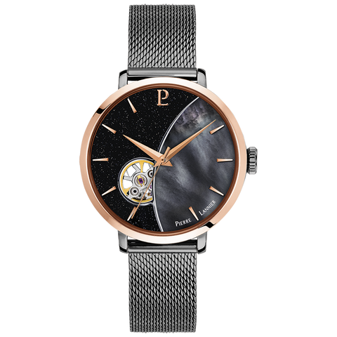 Montre Femme Pierre Lannier Céleste 302F789 – Automatique Cadran Noir Nacré, Bracelet Acier Milanais Gris 37mm