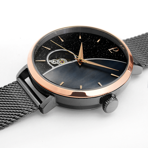 Montre Femme Pierre Lannier Céleste 302F789 – Automatique Cadran Noir Nacré, Bracelet Acier Milanais Gris 37mm