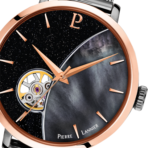 Montre Femme Pierre Lannier Céleste 302F789 – Automatique Cadran Noir Nacré, Bracelet Acier Milanais Gris 37mm