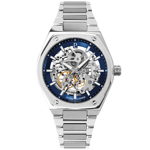 Montre Homme Pierre Lannier Copilote Automatique 43 mm – Réf. 308G161 – Boîtier Tonneau Acier, Cadran Squelette Bleu, Bracelet Acier
