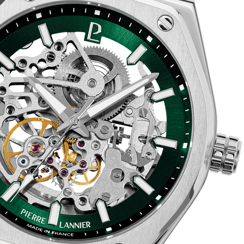 Montre Pierre Lannier Copilote 308G171 – Automatique Homme – Cadran Vert Squelette & Bracelet Acier – Fabriquée en France