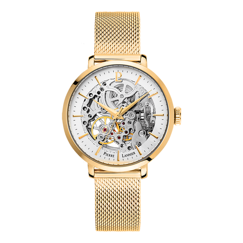 Montre Femme Pierre Lannier Automatique 309D528 – Cadran Argenté, Bracelet Acier Milanais Doré 37mm