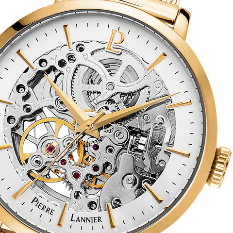 Montre Femme Pierre Lannier Automatique 309D528 – Cadran Argenté, Bracelet Acier Milanais Doré 37mm
