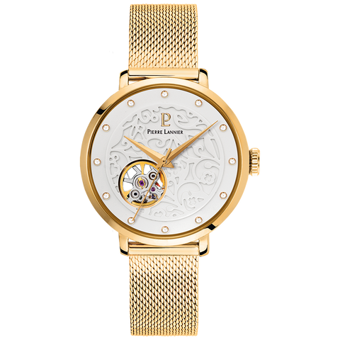 Montre Femme Pierre Lannier Eolia Automatique 37 mm – Réf. 310F502 – Cadran Blanc Motif Floral, Bracelet Acier Milanais Doré