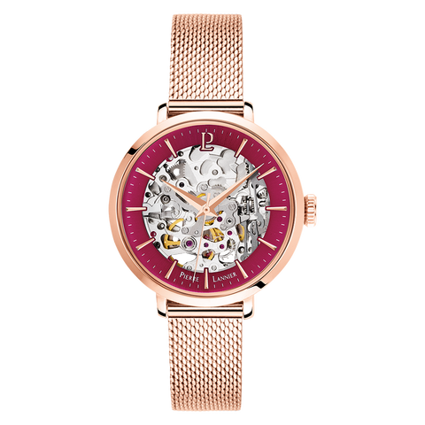 Montre Femme Pierre Lannier Automatique 35 mm – Réf. 313B958 – Cadran Squelette Framboise, Bracelet Acier Milanais Doré Rose