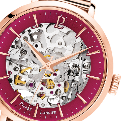 Montre Femme Pierre Lannier Automatique 35 mm – Réf. 313B958 – Cadran Squelette Framboise, Bracelet Acier Milanais Doré Rose