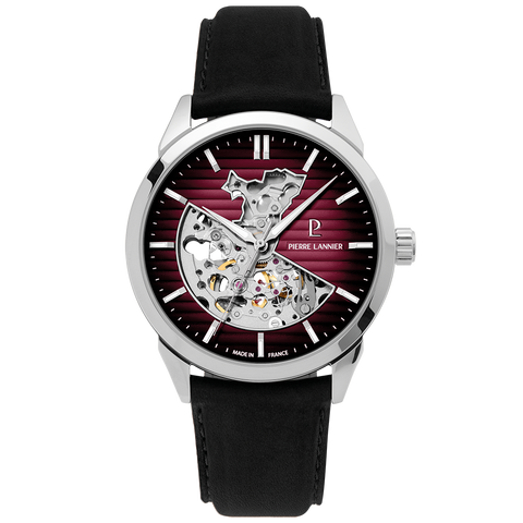 Montre Homme Pierre Lannier Monarck Automatique 43 mm – Réf. 315D153 – Cadran Bordeaux Fumé Cœur Ouvert, Bracelet Cuir Noir