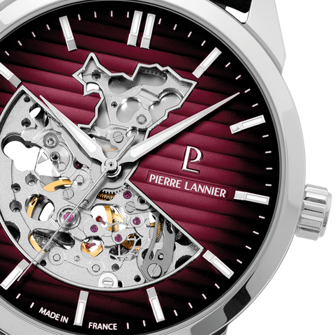 Montre Homme Pierre Lannier Monarck Automatique 43 mm – Réf. 315D153 – Cadran Bordeaux Fumé Cœur Ouvert, Bracelet Cuir Noir