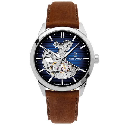 Montre Homme Pierre Lannier Monarck Automatique 43 mm – Réf. 315D164 – Cadran Bleu Fumé Cœur Ouvert, Bracelet Cuir Brun
