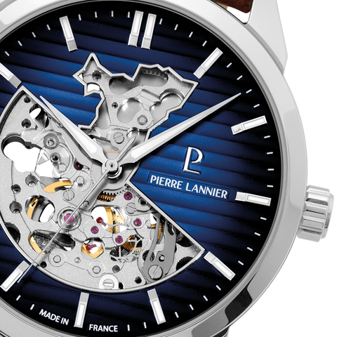 Montre Homme Pierre Lannier Monarck Automatique 43 mm – Réf. 315D164 – Cadran Bleu Fumé Cœur Ouvert, Bracelet Cuir Brun