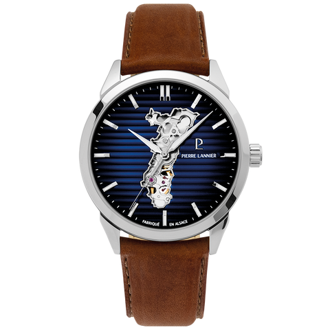 Montre Homme Pierre Lannier Monarck Automatique 43 mm – Réf. 316F114 – Cadran Bleu Fumé Cœur Ouvert Alsace, Bracelet Cuir Brun