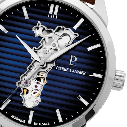Montre Homme Pierre Lannier Monarck Automatique 43 mm – Réf. 316F114 – Cadran Bleu Fumé Cœur Ouvert Alsace, Bracelet Cuir Brun