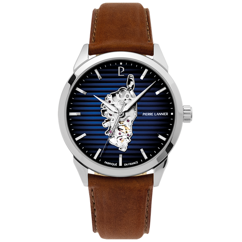 Montre Homme Pierre Lannier Monarck Automatique 43 mm – Réf. 316F124 – Cadran Bleu Fumé Cœur Ouvert Corse, Bracelet Cuir Brun