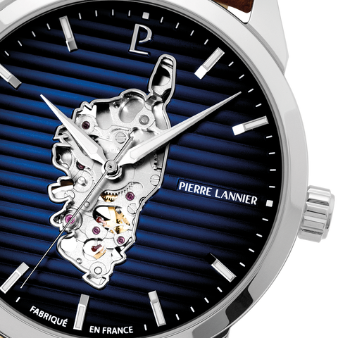 Montre Homme Pierre Lannier Monarck Automatique 43 mm – Réf. 316F124 – Cadran Bleu Fumé Cœur Ouvert Corse, Bracelet Cuir Brun