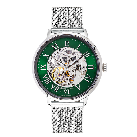 Coffret Homme AUTOMATIC Argenté Cadran Vert Bracelet Cuir Brun 20 MM 390C171