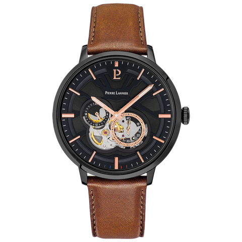Montre Homme Pierre Lannier Trio 335B434 – Automatique – Cadran Noir – Bracelet Cuir Brun – 42 mm