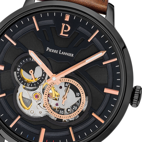 Montre Homme Pierre Lannier Trio 335B434 – Automatique – Cadran Noir – Bracelet Cuir Brun – 42 mm