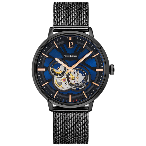 Montre Homme Pierre Lannier Trio 335B469 – Automatique – Cadran Bleu Nuit – Bracelet Milanais Noir – 42 mm