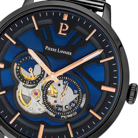 Montre Homme Pierre Lannier Trio 335B469 – Automatique – Cadran Bleu Nuit – Bracelet Milanais Noir – 42 mm