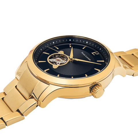Montre Pierre Lannier Fleuret 337B032 – Homme – Automatique Dorée – Cadran Noir & Bracelet Acier Doré – Fabriquée en France