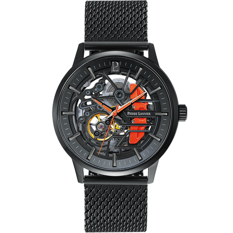 Montre Homme Pierre Lannier PADDOCK 338A459 – Automatique, Cadran Squelette Noir & Accents Orange
