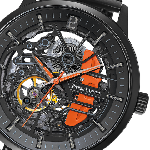 Montre Homme Pierre Lannier PADDOCK 338A459 – Automatique, Cadran Squelette Noir & Accents Orange