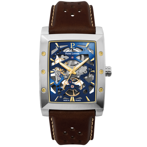 Pierre Lannier Montre Homme HECTOR Argenté Cadran Bleu Bracelet Cuir Brun 26 MM Réf 342A164