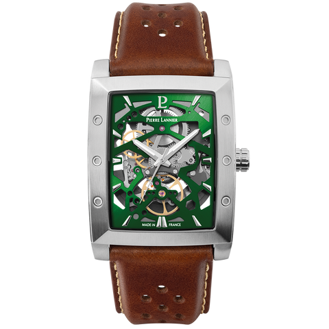 Pierre Lannier Montre Homme HECTOR Argenté Cadran Vert Bracelet Cuir Brun 26 MM Réf 342A174