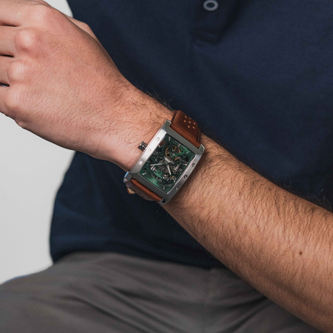 Pierre Lannier Montre Homme HECTOR Argenté Cadran Vert Bracelet Cuir Brun 26 MM Réf 342A174