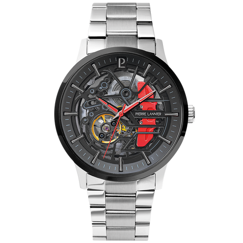 Montre Pierre Lannier Paddock 343B151 – Homme – Automatique Squelette Noir – Bracelet Acier Argenté – Fabriquée en France