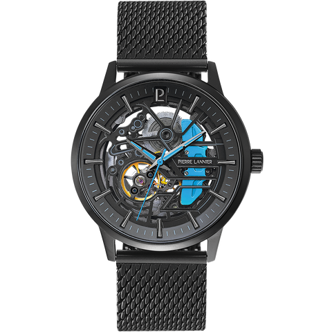 Pierre Lannier Montre Homme PADDOCK Noir Cadran Noir Bracelet Acier milanais Noir 22 MM Réf 345A469