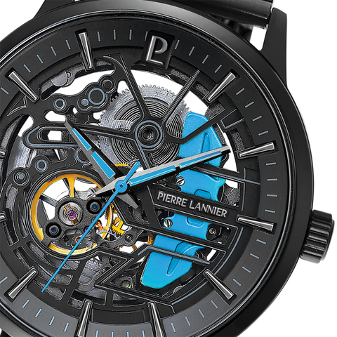 Pierre Lannier Montre Homme PADDOCK Noir Cadran Noir Bracelet Acier milanais Noir 22 MM Réf 345A469