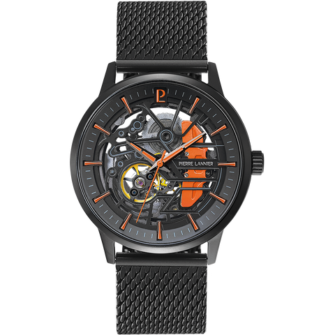 Montre Pierre Lannier Homme PADDOCK 345A499 – Automatique, Cadran Squelette Noir, Détails Orange, Bracelet Milanais 22 mm