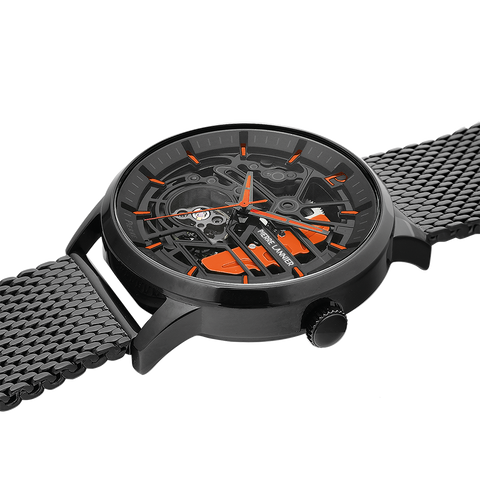Montre Pierre Lannier Homme PADDOCK 345A499 – Automatique, Cadran Squelette Noir, Détails Orange, Bracelet Milanais 22 mm