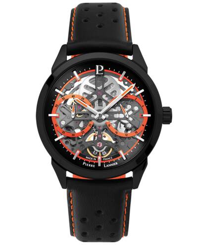 PIERRE LANNIER MONARCK cadran noir orange bracelet cuir surpiqûres orange  347A433