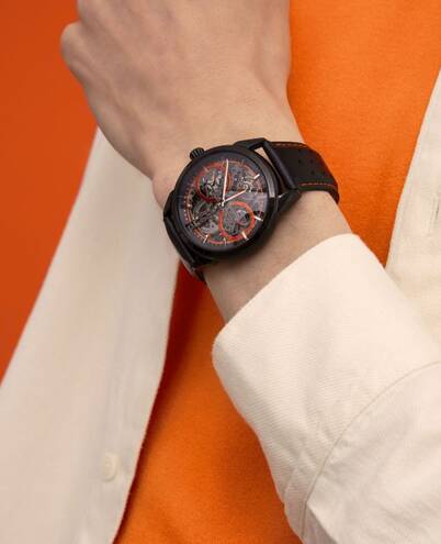 PIERRE LANNIER MONARCK cadran noir orange bracelet cuir surpiqûres orange  347A433