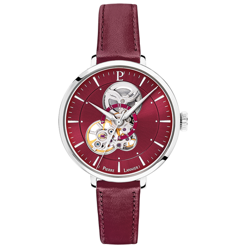 Montre Femme Pierre Lannier Mélodie Automatique 37 mm – Réf. 348A655 – Cadran Framboise, Bracelet Cuir Framboise