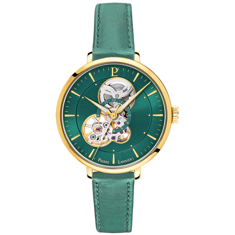 Montre Femme Pierre Lannier Mélodie 349A577 – Automatique Cadran Vert Soleillé, Bracelet Cuir Vert 37mm