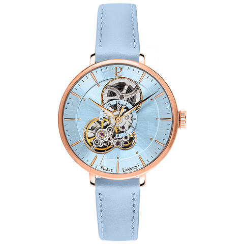 Montre Femme Pierre Lannier Mélodie Automatique 37 mm – Réf. 349A966 – Cadran Bleu Pastel, Bracelet Cuir Bleu, Cœur Ouvert