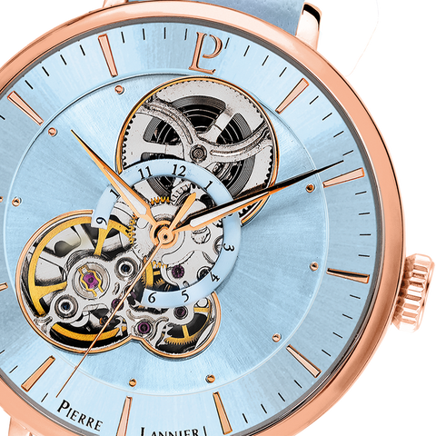 Montre Femme Pierre Lannier Mélodie Automatique 37 mm – Réf. 349A966 – Cadran Bleu Pastel, Bracelet Cuir Bleu, Cœur Ouvert