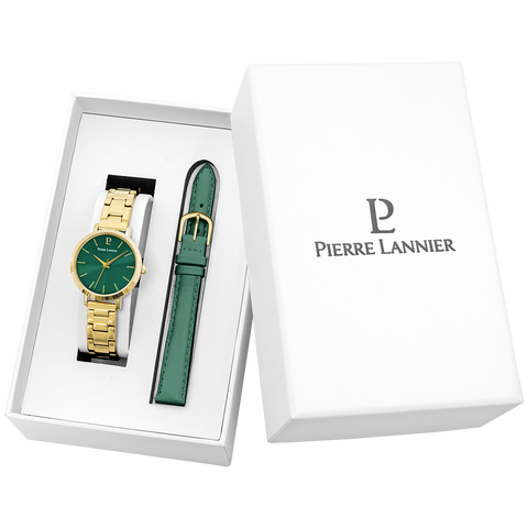 Pierre Lannier Coffret Femme CHOUQUETTE Cadran Vert Bracelet Cuir Vert Réf 371H572