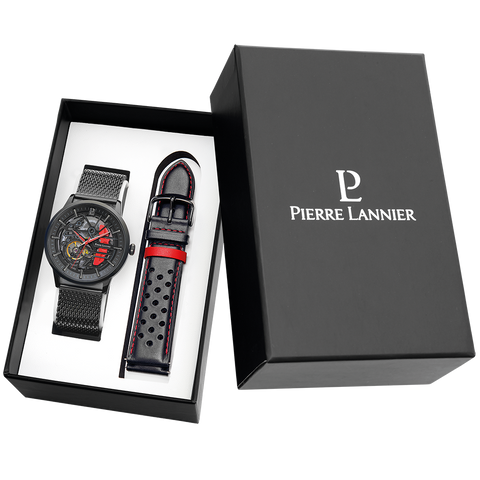 Coffret Montre Homme Pierre Lannier PADDOCK 385C439 – Cadran Noir & Bracelet Acier Milanais Noir