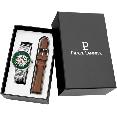 Coffret Homme AUTOMATIC Argenté Cadran Vert Bracelet Cuir Brun 20 MM 390C171