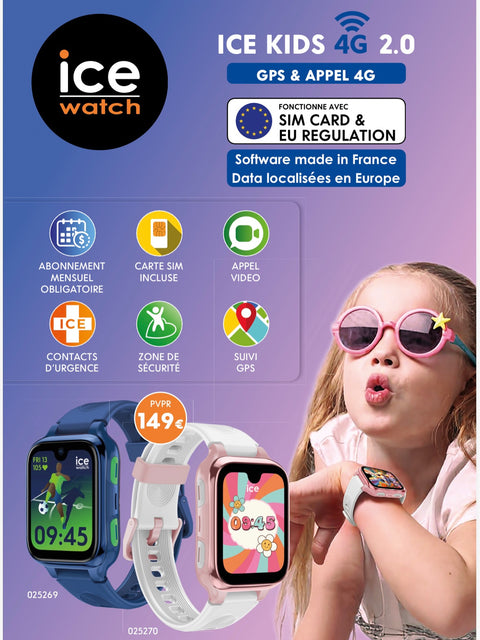 Montre Connectée Enfant ICE Kids 4G 2.0 – Réf. 025270 – Rose & Blanc – Écran AMOLED 1,78’’ – 40 mm – IP68 – Précommande Livraison 15 Décembre – Exclusivité Nationale