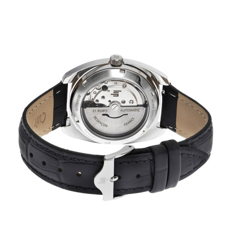 Montre LIP Général de Gaulle 671880 – Automatique 35mm – Fabriquée en France – Cadran argenté & bracelet cuir noir