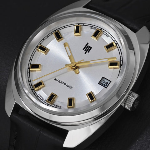 Montre LIP Général de Gaulle 671880 – Automatique 35mm – Fabriquée en France – Cadran argenté & bracelet cuir noir