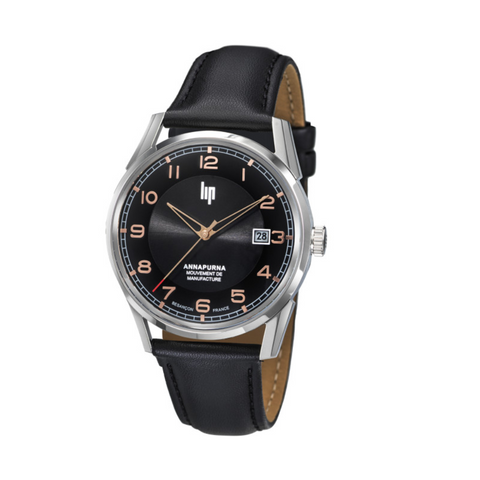 Montre LIP Annapurna Automatique 39 mm – Réf. 676010 – Mouvement Manufacture R26, Cadran Noir, Bracelet Cuir Noir, Étanche 50 m