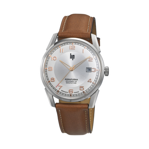 Montre LIP Annapurna Automatique 39 mm – Réf. 676011 – Mouvement Manufacture R26, Cadran Blanc, Bracelet Cuir Camel, Étanche 50 m