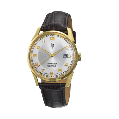 Montre LIP Annapurna Automatique 39 mm – Réf. 676012 – Mouvement Manufacture R26, PVD Doré, Cadran Blanc, Bracelet Cuir Alligator Marron